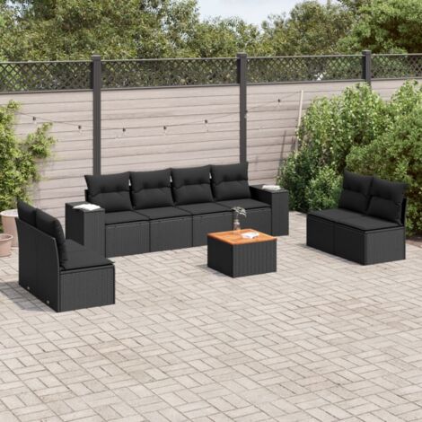 Ensemble Salon Jardin 9 Places Noir Résine Tressée avec Table Acacia et Coussins Confortables (1/3)