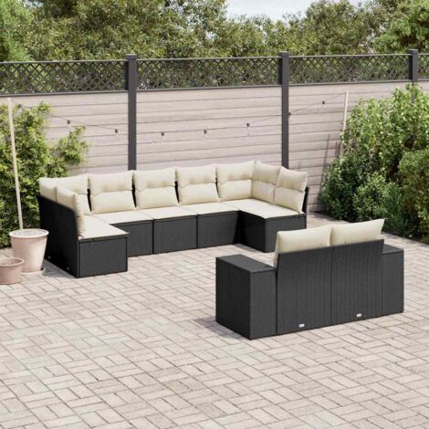 Ensemble Salon Jardin 9 Places Noir Résine Tressée avec Coussins Crème - Meuble Extérieur Modulaire avec Rangement (1/3)