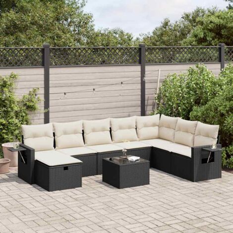 Ensemble Salon Jardin 9 Places Résine Tressée Noir avec Coussins Crème - Mobilier Extérieur Modulaire avec Rangement et Table (1/5)