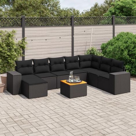 Ensemble de jardin 9 pièces noir résine tressée avec coussins - Salon extérieur modulaire acacia (1/5)
