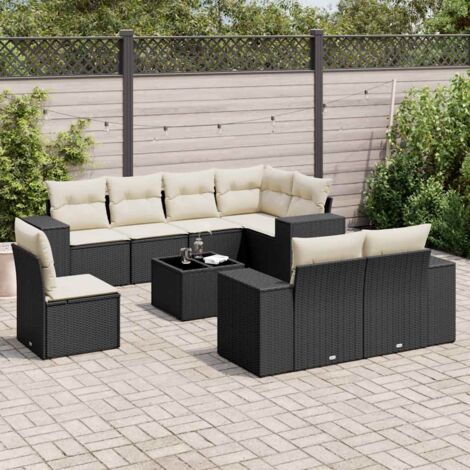 Ensemble jardin 9 places résine tressée noir avec table verre et rangement - Salon extérieur modulaire avec coussins crème (1/3)
