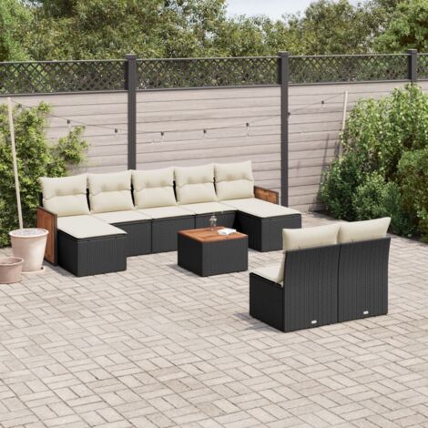 Ensemble Salon Jardin 10 Places Noir Résine Tressée avec Coussins Crème - Table Acacia, Mobilier Extérieur Modulaire (1/5)