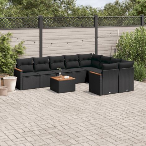 Ensemble Salon Jardin 10 Places Résine Tressée Noir avec Coussins - Table Acacia et Structure Acier (1/5)