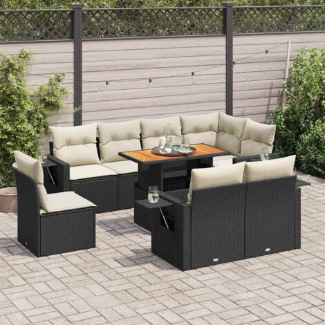 Ensemble Jardin 9 Places Noir Résine Tressée avec Table Acacia et Coussins Crème - Salon d'Extérieur Modulaire avec Rangement (1/5)