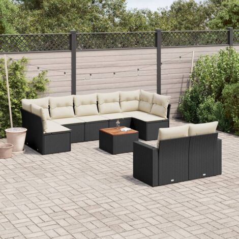 Ensemble de jardin 10 places noir résine tressée avec coussins crème - Salon modulaire avec table acacia et housses lavables (1/3)