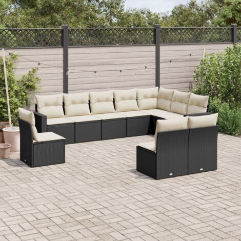 Ensemble Salon Jardin 10 Places Noir Résine Tressée avec Coussins Crème - Canapés d'Extérieur Modulables en Polyrotin (1/3)