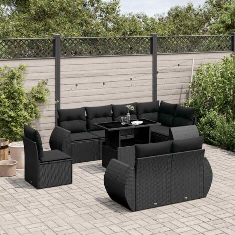 Ensemble Salon Jardin 9 Places Noir Résine Tressée avec Coussins - Table Réglable et Mobilier Modulaire Extérieur (1/5)