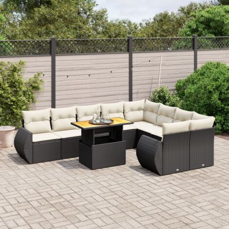 Ensemble Salon Jardin 10 Places Noir Résine Tressée avec Coussins Crème - Table Réglable et Modulaire (1/3)
