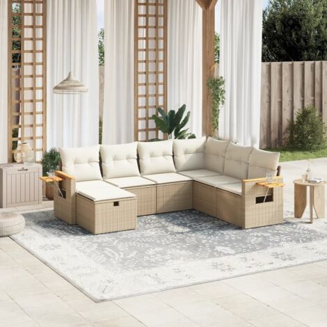 Canapé de jardin 7 pièces en résine tressée beige avec coussins lavables – cadre acier, modulable et résistant aux UV (1/4)
