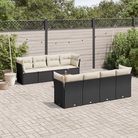 Ensemble de jardin 9 places en résine tressée noire avec table acacia et coussins crème - Salon extérieur modulaire avec housses lavables (1/3)