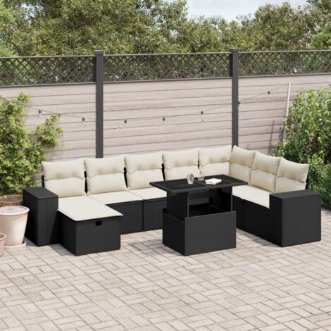 Ensemble Jardin 9 Places Noir Résine Tressée avec Table Verre Trempé et Coussins Crème - Salon Extérieur Modulaire (1/5)