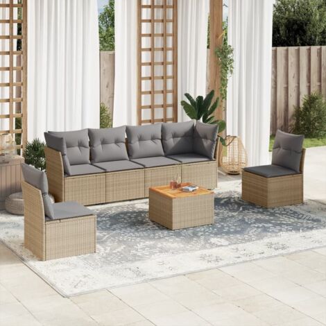 Salon de jardin 7 pièces en résine tressée beige avec coussins gris – table acacia et sièges modulaires (1/3)