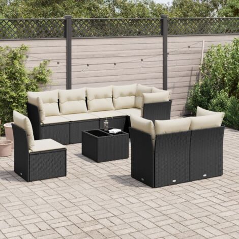 Ensemble Salon Jardin 9 Places Noir Résine Tressée avec Table Verre Trempé et Coussins Amovibles (1/3)