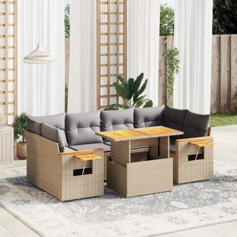 Canapé de jardin 7 pièces en résine tressée beige – Table réglable, coussins lavables et design modulaire (1/3)