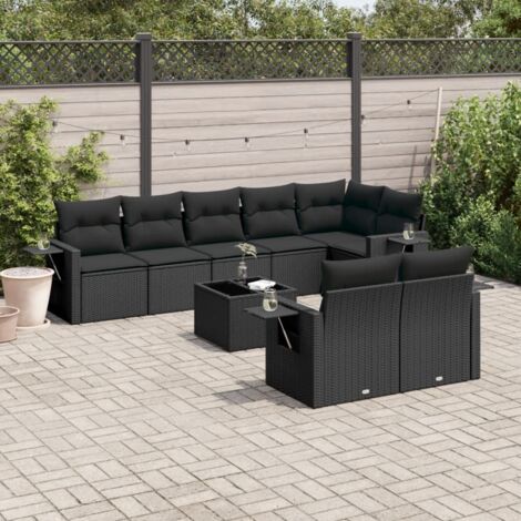 Ensemble Jardin 9 Places Noir Résine Tressée - Salon Extérieur avec Table Verre Trempé et Coussins Confortables (1/5)