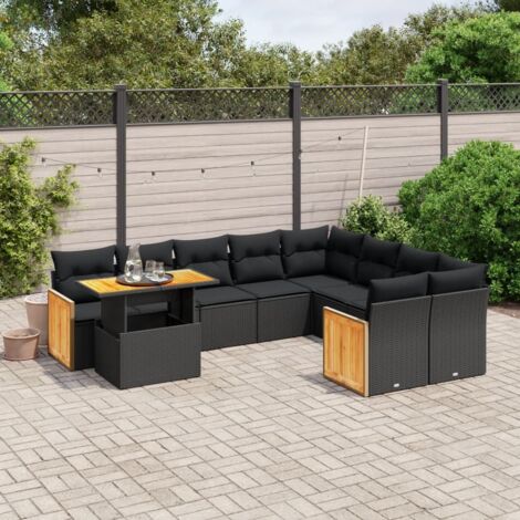 Ensemble salon jardin 10 places résine tressée noir avec coussins déhoussables et table réglable (1/3)