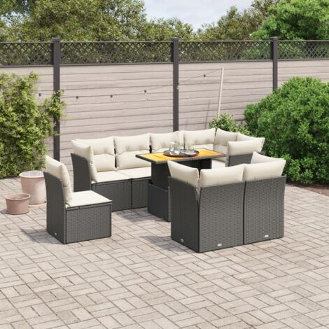 Ensemble Salon Jardin 9 Places Noir Résine Tressée - Canapé d'Angle Modulable avec Table Réglable et Coussins Détachables (1/3)
