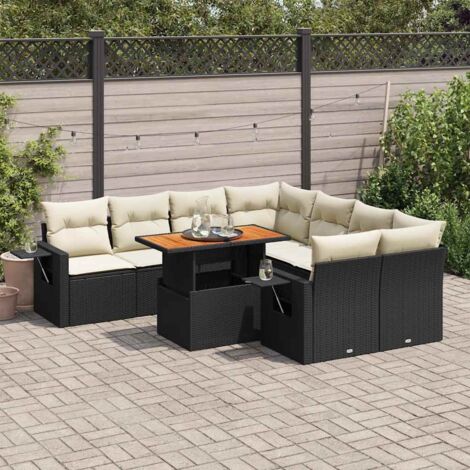 Ensemble Salon Jardin 9 Places Noir Résine Tressée avec Coussins Crème - Meuble Extérieur Modulaire avec Table Réglable et Espaces Rangement (1/5)