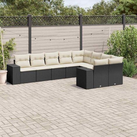 Ensemble Salon Jardin 9 Places Noir Résine Tressée avec Coussins Crème - Meuble Extérieur Modulaire Rangeable (1/3)