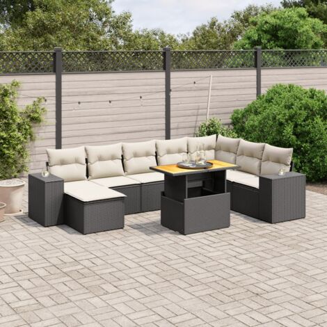 Ensemble Salon Jardin 9 Places Noir Résine Tressée avec Table Réglable et Coussins Crème - Meuble Extérieur Modulaire (1/3)