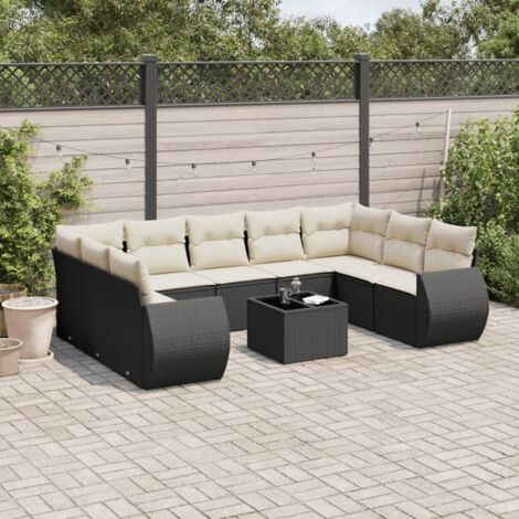 Ensemble Salon Jardin 10 Places Noir Résine Tressée avec Table Verre Trempé et Coussins Crème - Stockage Intégré (1/3)