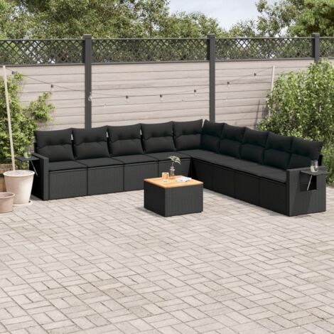 Ensemble de Jardin 10 Places en Résine Tressée Noir avec Coussins - Salon Extérieur Modulaire Acacia (1/5)