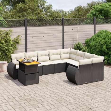 Ensemble Salon Jardin 10 Places Résine Tressée Noir avec Coussins Crème - Table Réglable Hauteur, Meuble Extérieur Modulaire (1/3)