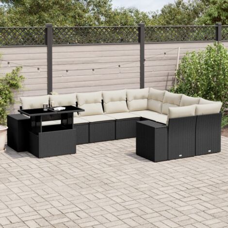 Ensemble Salon Jardin 10 Places Noir Résine Tressée avec Coussins Crème - Table Réglable et Mobilier Modulaire (1/5)