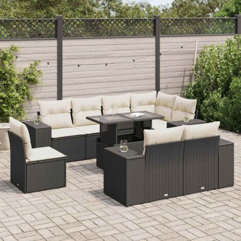 Salon de jardin 9 places en résine tressée noir avec table extensible et coussins crème - Ensemble modulaire avec rangement intégré (1/5)
