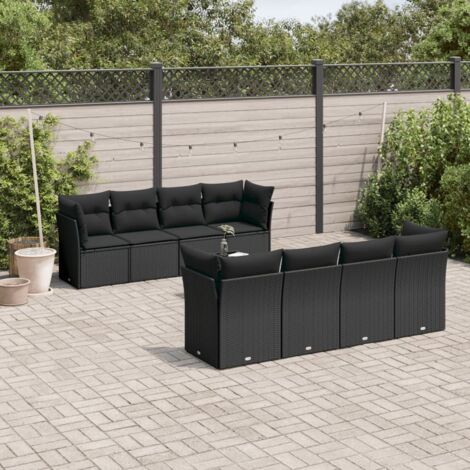Ensemble Jardin 9 Places Noir Résine Tressée - Salon Extérieur avec Table Verre Trempé et Coussins Amovibles (1/3)