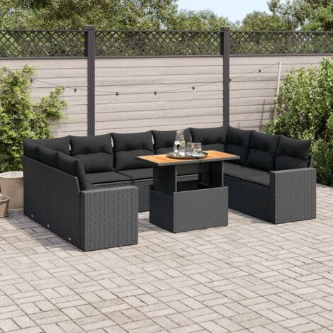 Salon de Jardin 10 Places Noir Résine Tressée avec Table Acacia et Coussins Lavables - Ensemble Modulaire avec Rangement Intégré (1/5)