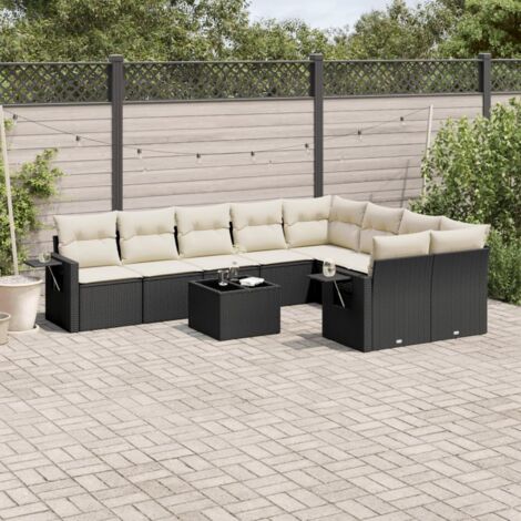 Ensemble salon jardin 10 places noir résine tressée avec table et coussins crème - Mobilier extérieur modulaire rangement intégré (1/3)