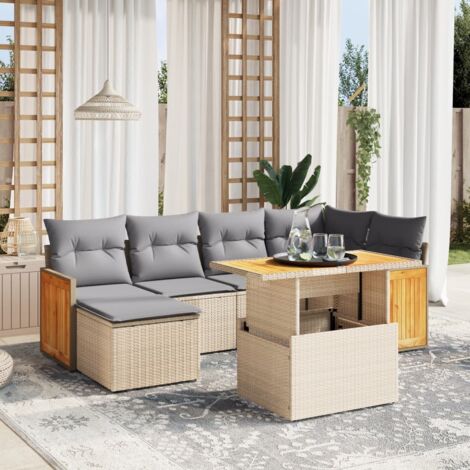 Canapé de jardin 7 pièces en résine tressée beige avec coussins gris lavables, table réglable et structure modulaire (1/3)