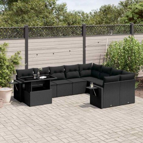 Ensemble Salon Jardin 10 Places Noir Résine Tressée avec Coussins - Table Réglable et Mobilier Modulaire Extérieur (1/5)