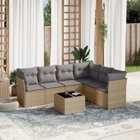 Salon de jardin 7 pièces en résine tressée beige avec coussins gris – table en verre trempé, sièges modulaires et housses lavables (1/5)