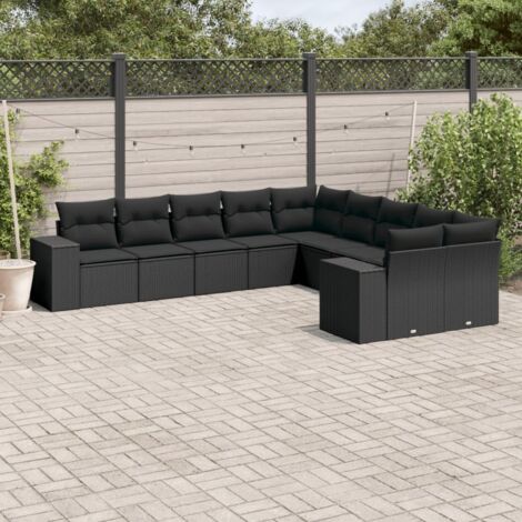 Ensemble Salon Jardin 10 Places Noir Résine Tressée avec Coussins - Canapé d'Angle, Central et Accoudoirs - Mobilier Extérieur Modulaire (1/5)
