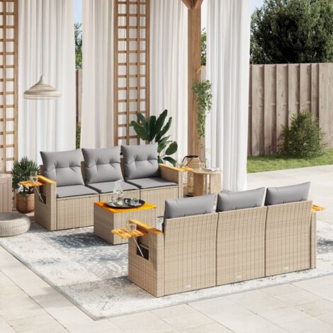 Canapé de jardin 7 pièces en résine tressée beige avec coussins gris – Table acacia, modulable et UV résistant (1/5)