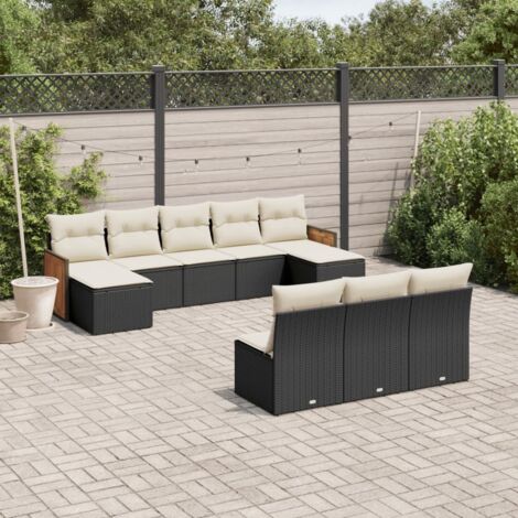 Ensemble de jardin 10 places en résine tressée noire avec coussins crème - Salon extérieur modulaire avec repose-pieds (1/5)