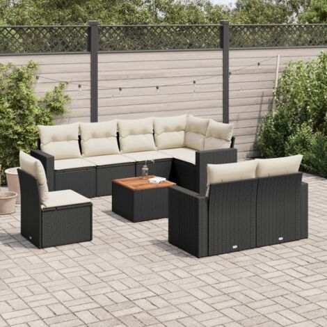 Ensemble Salon Jardin 9 Places Noir Résine Tressée avec Coussins Crème et Table Acacia (1/3)