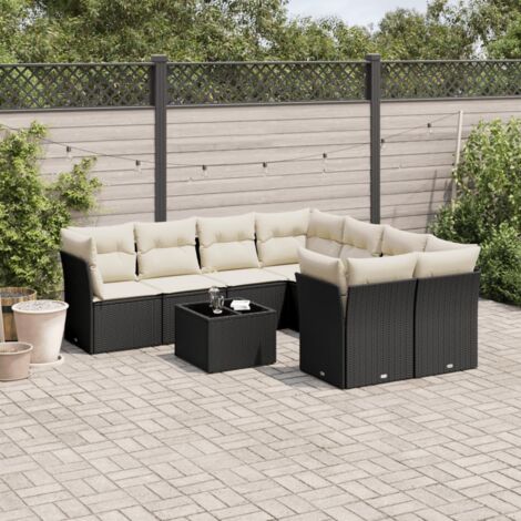 Ensemble salon jardin 9 places résine tressée noir avec table verre trempé et rangements intégrés - 8 coussins lavables inclus (1/3)