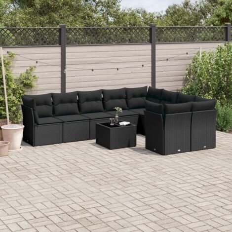 Ensemble Salon Jardin 10 Places Noir Résine Tressée avec Coussins - 5 Sièges Centraux, 4 Sièges Coin, Table Verre Trempé - Meuble Extérieur Modulaire (1/3)