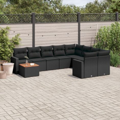 Ensemble Salon Jardin 10 Places Noir Résine Tressée avec Coussins et Table Acacia - Meuble Extérieur Modulaire avec Rangement (1/5)