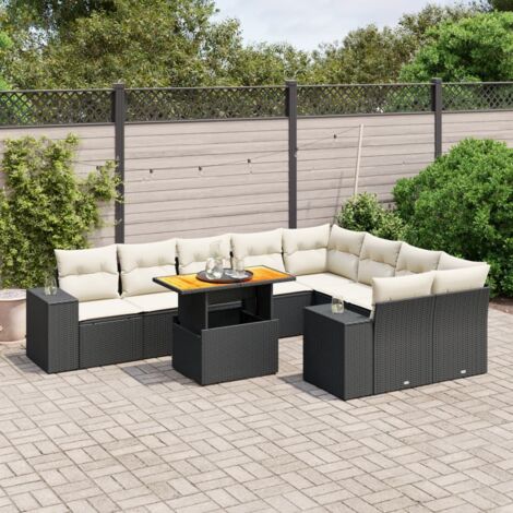 Ensemble de jardin 10 places en résine tressée noire avec coussins - Salon extérieur modulable avec table réglable (1/3)