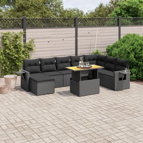 Ensemble de jardin 9 places en résine tressée noire avec coussins - Table extensible et design modulaire (1/3)