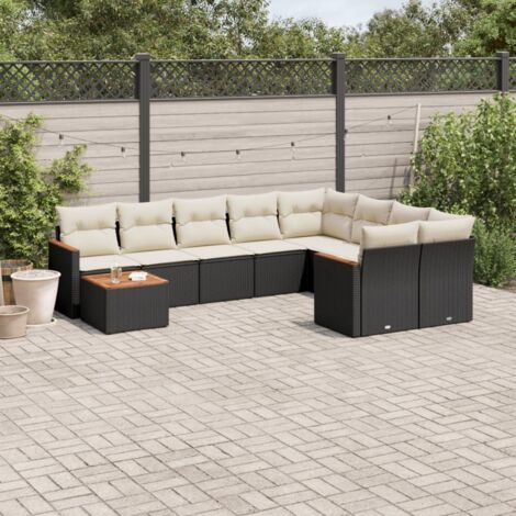 Ensemble de jardin 10 places en résine tressée noire avec coussins crème, table acacia, rangement intégré, modulable (1/3)