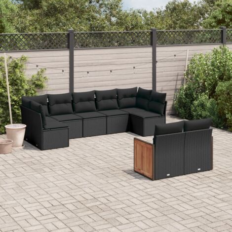 Ensemble Salon Jardin 9 Places Noir Résine Tressée avec Coussins - Canapé d'Angle et Central Modulable (1/5)