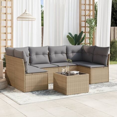 Canapé de jardin 7 pièces en résine tressée beige avec coussins gris – Table en verre trempé, rangement intégré et design modulaire (1/3)