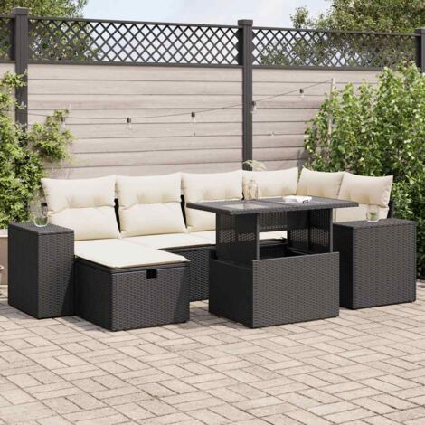 Ensemble Salon Jardin 8 Places Noir Résine Tressée avec Coussins Crème - Stockage Intégré (1/5)