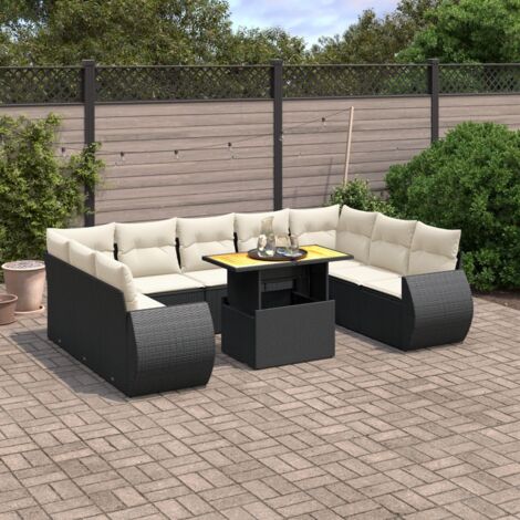 Ensemble Salon Jardin 10 Places Noir Résine Tressée avec Coussins Crème - Table Réglable et Design Modulaire (1/3)