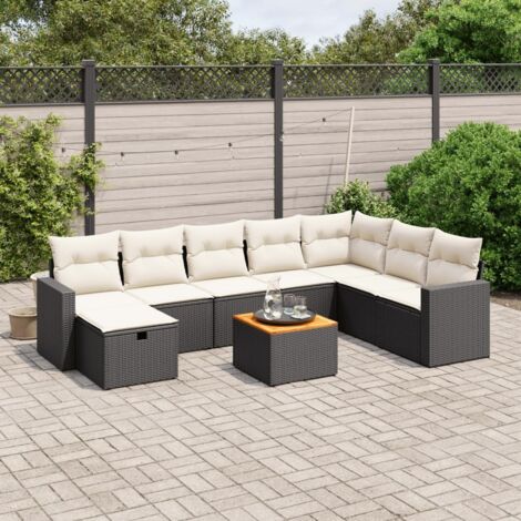 Salon de Jardin 9 Pièces Noir Résine Tressée avec Table Acacia et Coussins Crème - Ensemble Modulaire Jardin (1/4)
